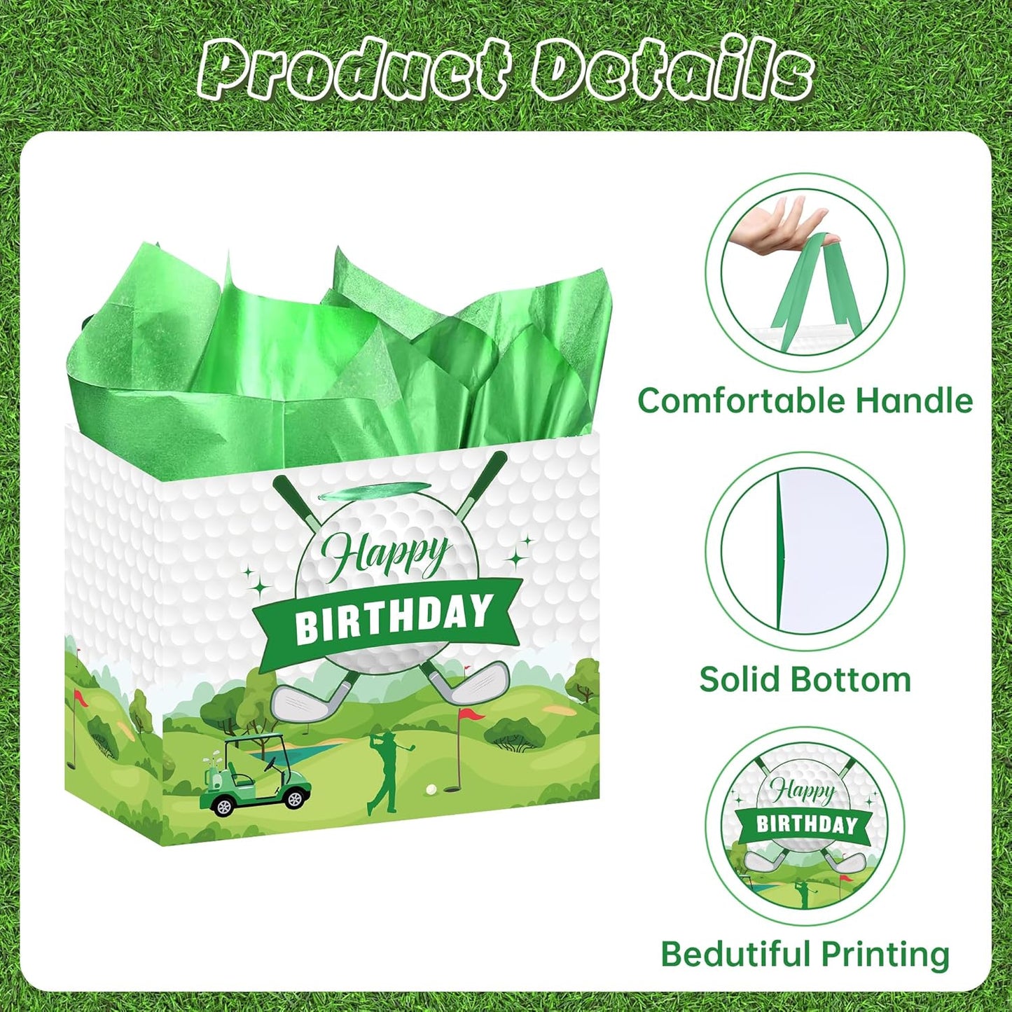 UGUHHKUY Golf Birthday Gift Bag Decorations - 5 Pcs Green Gift Wrapping Bag with Handle Tissue Paper and Greeting Card for Men Boys Golf Party Favors Decor Supplies