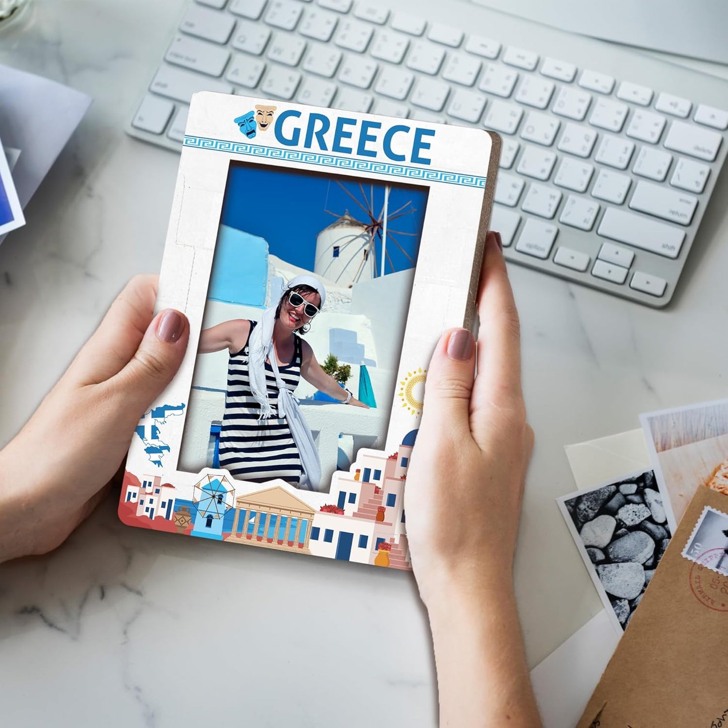 Greece Travel Picture Frame, 5 x 8 Greece Themed Wooden Photo Frame with Stand, Vacation Anniversary Honeymoon Gifts For Friend Family Couples, Home Office Desk Decorations-A21