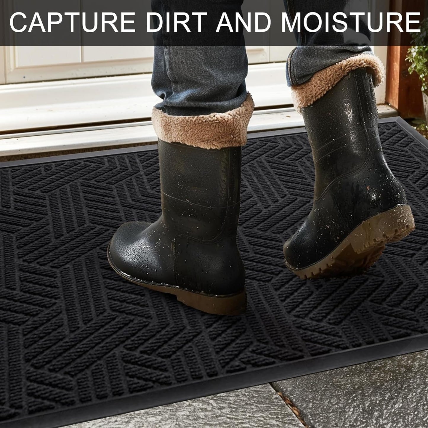 Front Door Mat 29.5"x17" Indoors Outdoors Welcome Mats, Waterproof Non-Slip Rubber Backing Heavy Duty Doormat Outside Entrance, Low Profile Entryway Rugs Floor Mat for Patio, Pattern B Black