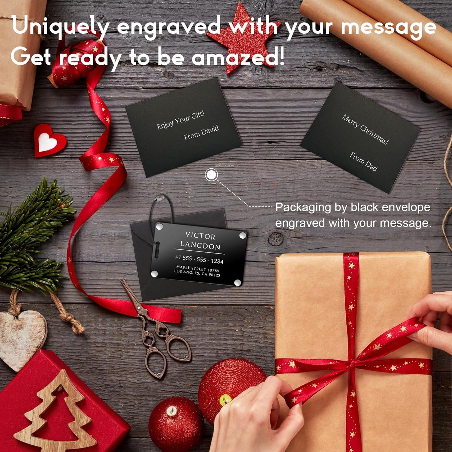 Personalized Luggage Tags for Suitcases - Aluminum Custom Luggage Tags for Backpacks & Bags, Sturdy, Waterproof & Heavy Duty (Black/Card-Sized)