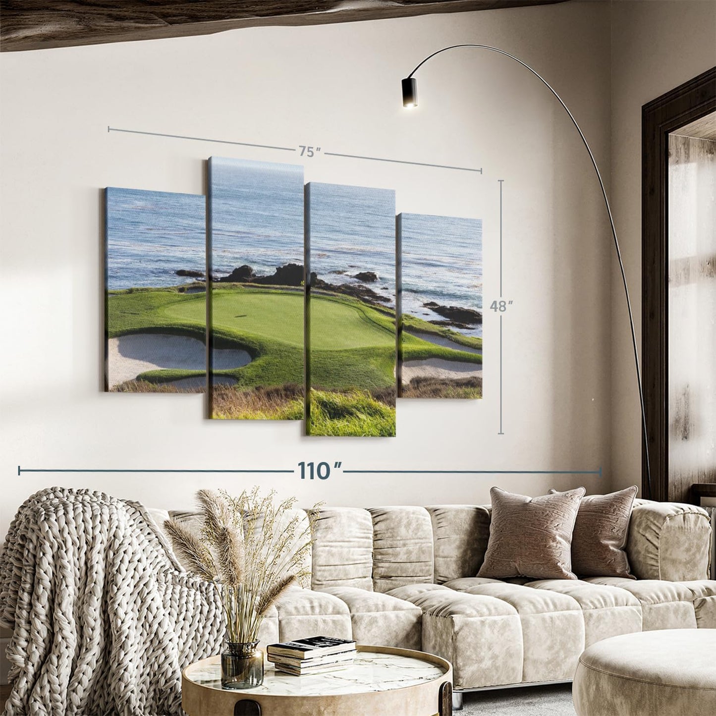 Elephant Stock Pebble Beach Golf Turf Wall Art - Horizontal Canvas - 4-Piece Hallway Wall Decor - Photographic Canvas Print - Brown and Blue Decor for Wall - 75" X 48"