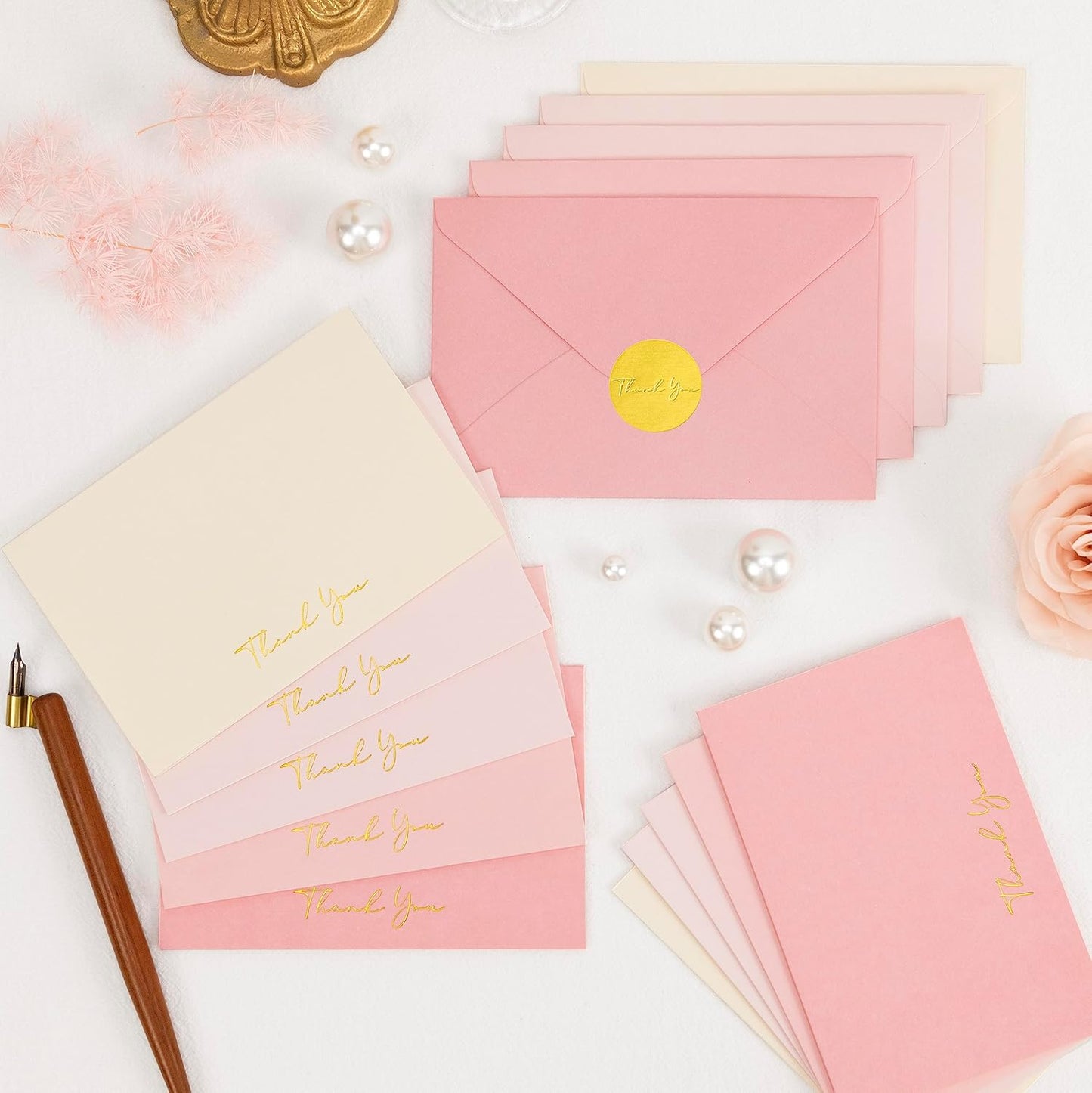 Crisky Pink Thank You Cards with Envelopes & Stickers， 50 Pack Bridal Shower Graduation Thank You Cards Small Business, Wedding Baby Shower Birthday Funeral Notes Bulk