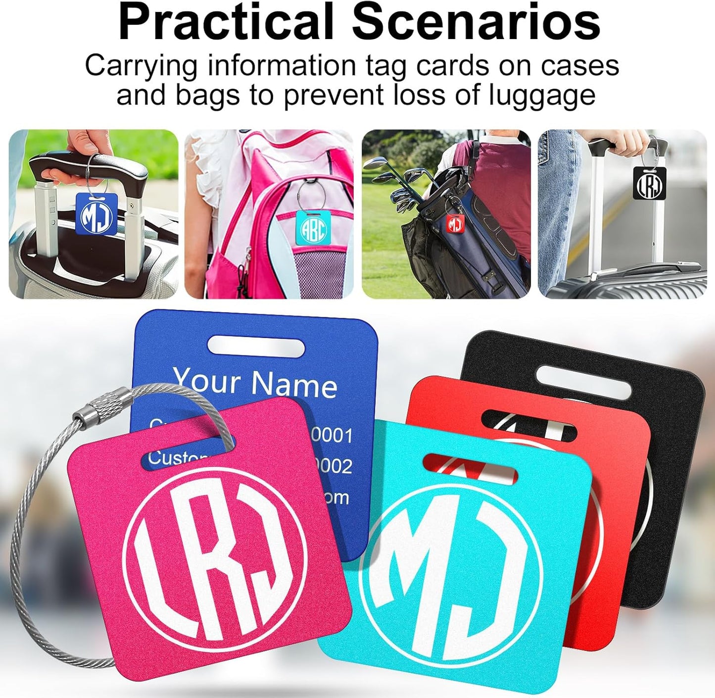 Personalized Monogram Luggage Tags for Suitcases - Metal Engraved Custom ID Luggage Name Tag Pink Black - School Bag Backpack Tags for Kids Women Golf Sport Baggage Travel Essentials