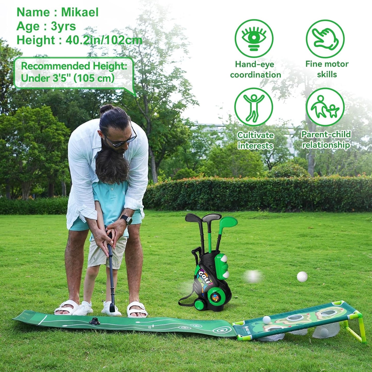 Liberry Toddler Golf Set for Age 2 3 4 Boys Girls, Upgraded Kids Golf Cart with Putting Mat & Cornhole Board, Outdoor Indoor Sports Toys for Birthday Holiday, Black