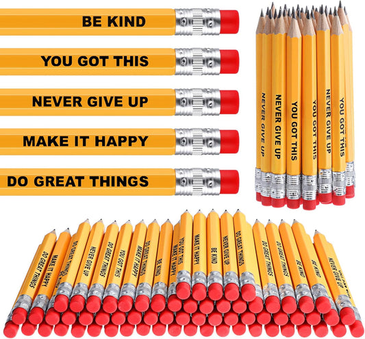 Jetec 100 Pcs Mini Pencils Bulk Inspirational Golf Wooden Half Pencils with Eraser and Motivational Sayings Back to School Gifts for Kids Student Teacher First Day of School(Yellow Color)