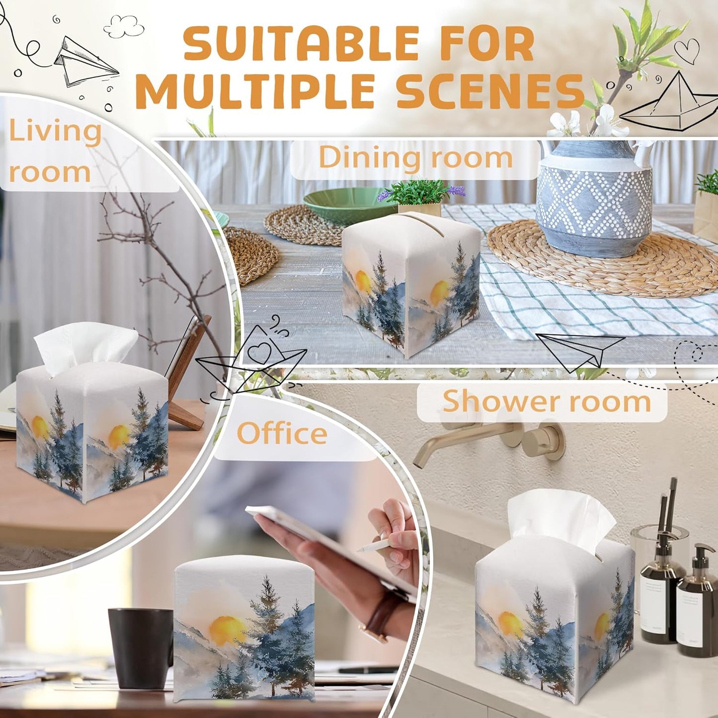 Winter Pine Tree Tissue Box Holder, Winter Forest Landscape Leather Tissue Box Cover Square with Bottom Belt, Paper Facial Decorative Tissues Cover for Bathroom Kitchen Office Home Decor-B24