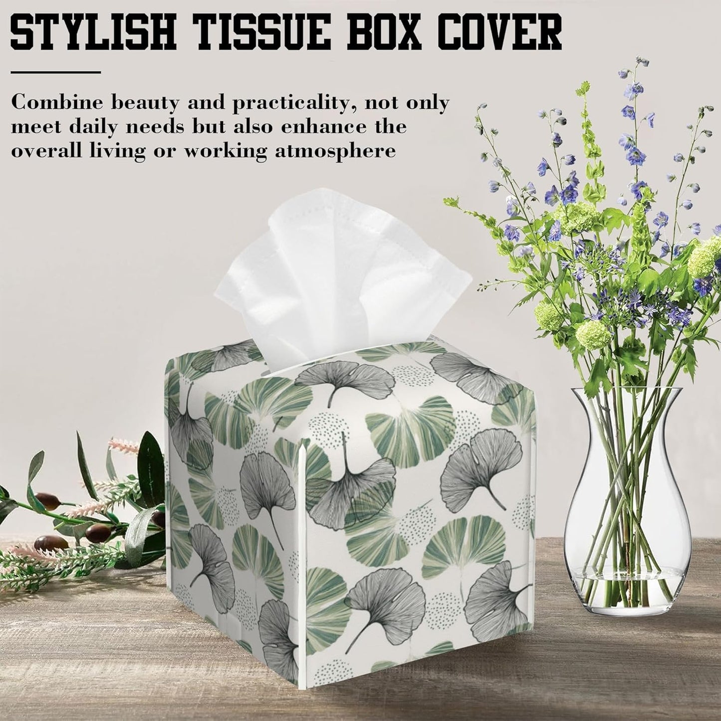 Gingko Leaf Tissue Box Cover Square, Green Leaves Tissue Box Holder Leather Facial Paper Case Decorative Organizer Holder Dispenser Home Office Car Decor