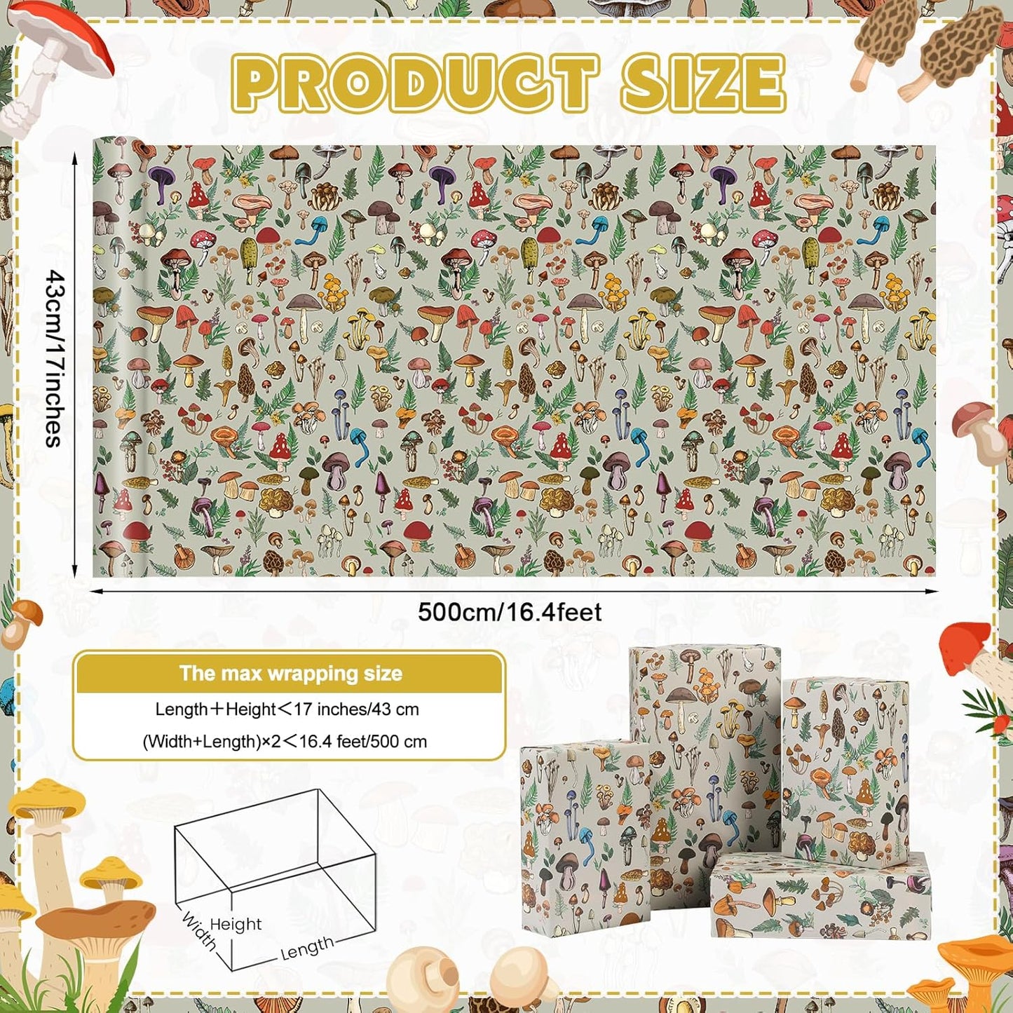 Pineraap Mushroom Wrapping Paper Roll - 17Inch x16.4Feet - Plants Whimsical Forest Theme Gift Wrap for Birthday,Party,Holiday Decor