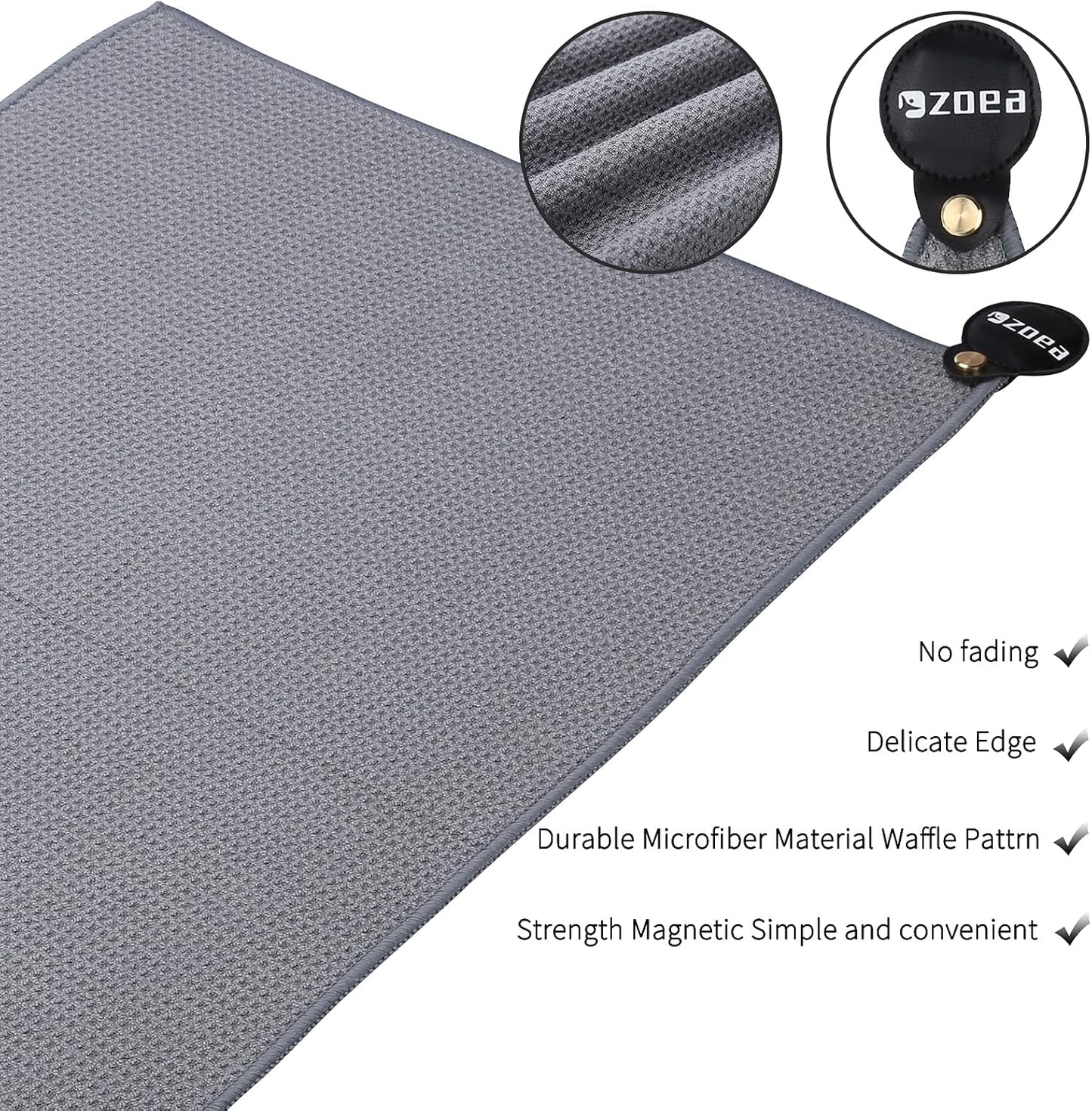 ZOEA Magnetic Towel, Magnetic Clip for Golf Towel, Microfiber Fabric Waffle Pattern Towels Industrial Strength Magnet for Strong Hold to Golf Carts or Clubs (2, Grey)