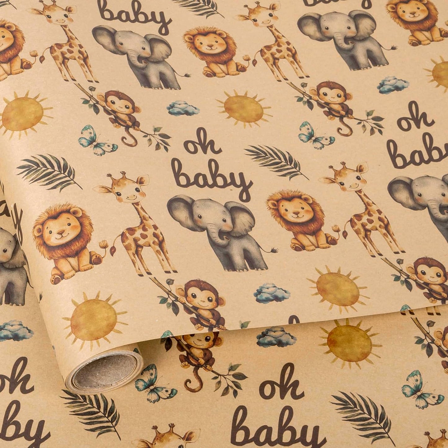 Vnaaem Baby Shower Kraft Wrapping Paper Roll for Kids Boys Girls - Cute Safari Animals & Oh BaBy Baby Gift Wrap for Birthday, Holiday, Baby Shower, Summer Party Favor - 17 in x 20 ft(Total 28.5sq.ft)