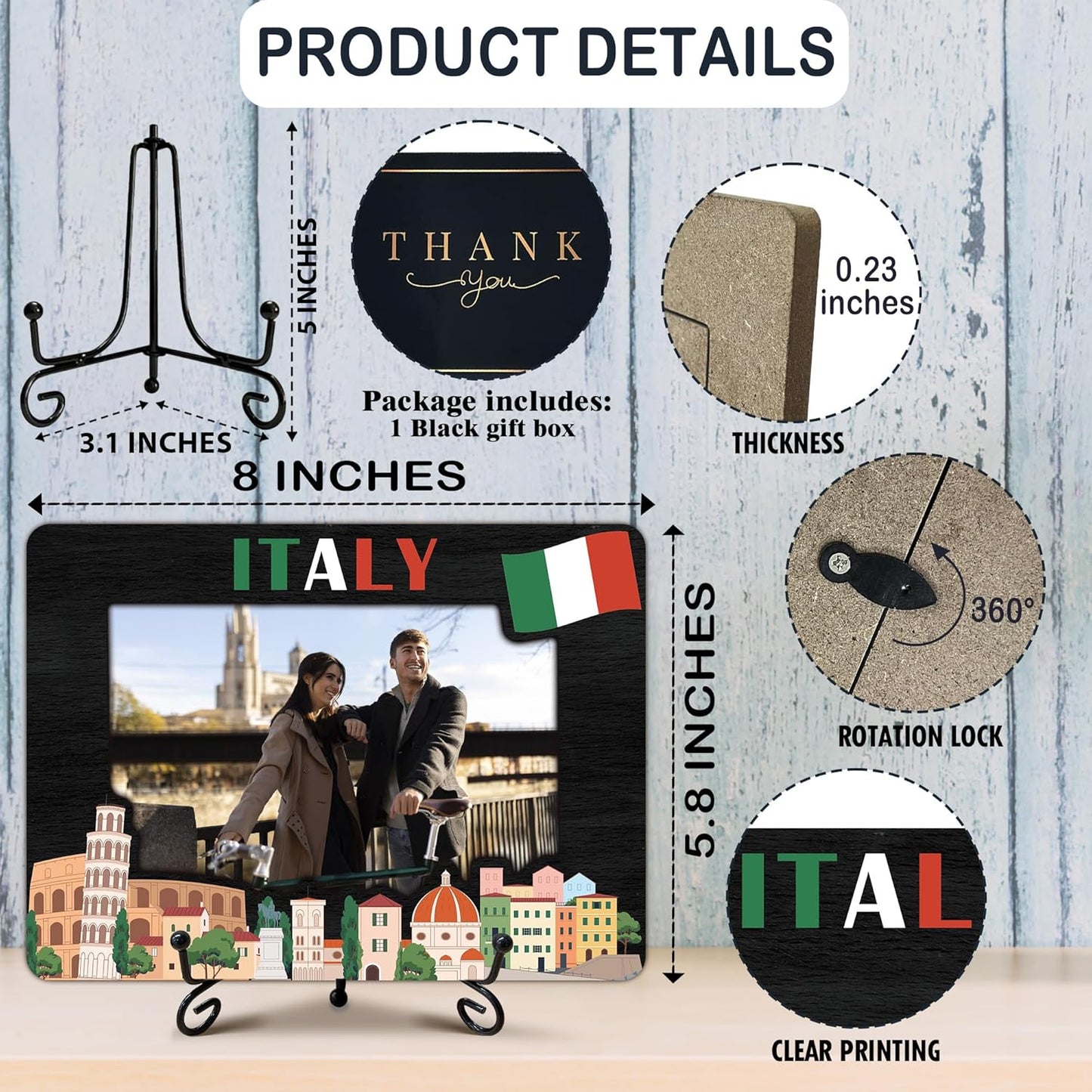 Italy Picture Frame Gift, 5 x 8 Wooden Photo Frame with Stand, Italian Vacation Gifts, Friendship Honeymoon Gift for Friends Couples, Home Office Desk Decorations-A03