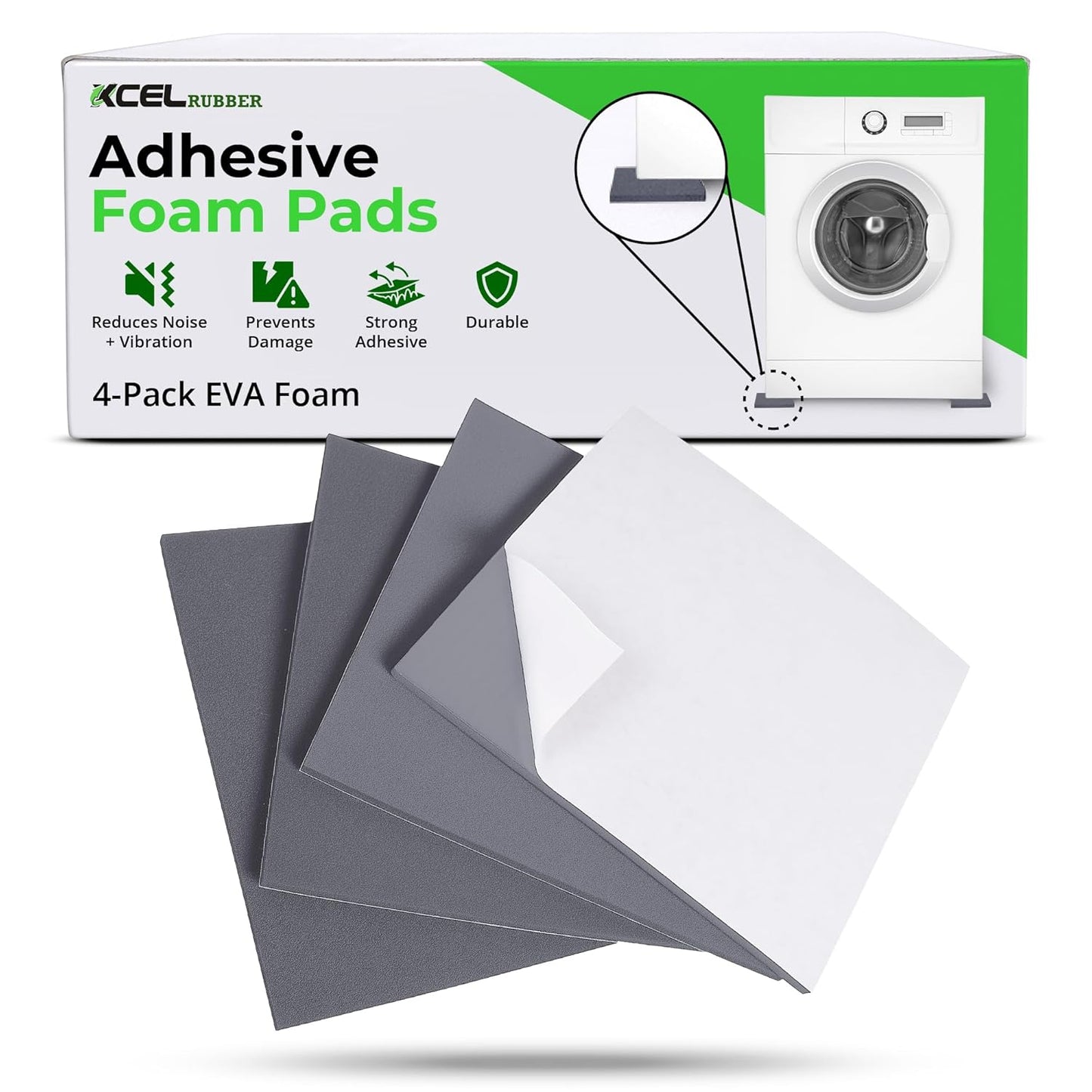 XCEL Set of 4 Gray Multi-Purpose Anti-Vibration Pads with Self Adhesive – Protection for Furniture & Appliances – Closed Cell Foam Rubber Pad, 12” x 12” x ¼”