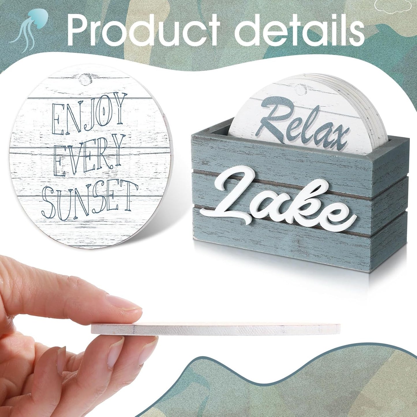 Queekay 6 Set Lake Theme Coasters with Holder for Drinks, Lake Lovers House Gifts, 4'' Wooden Coasters with Sayings Housewarming Gifts for Home Bar Coffee Table Decorations (Bright Color)