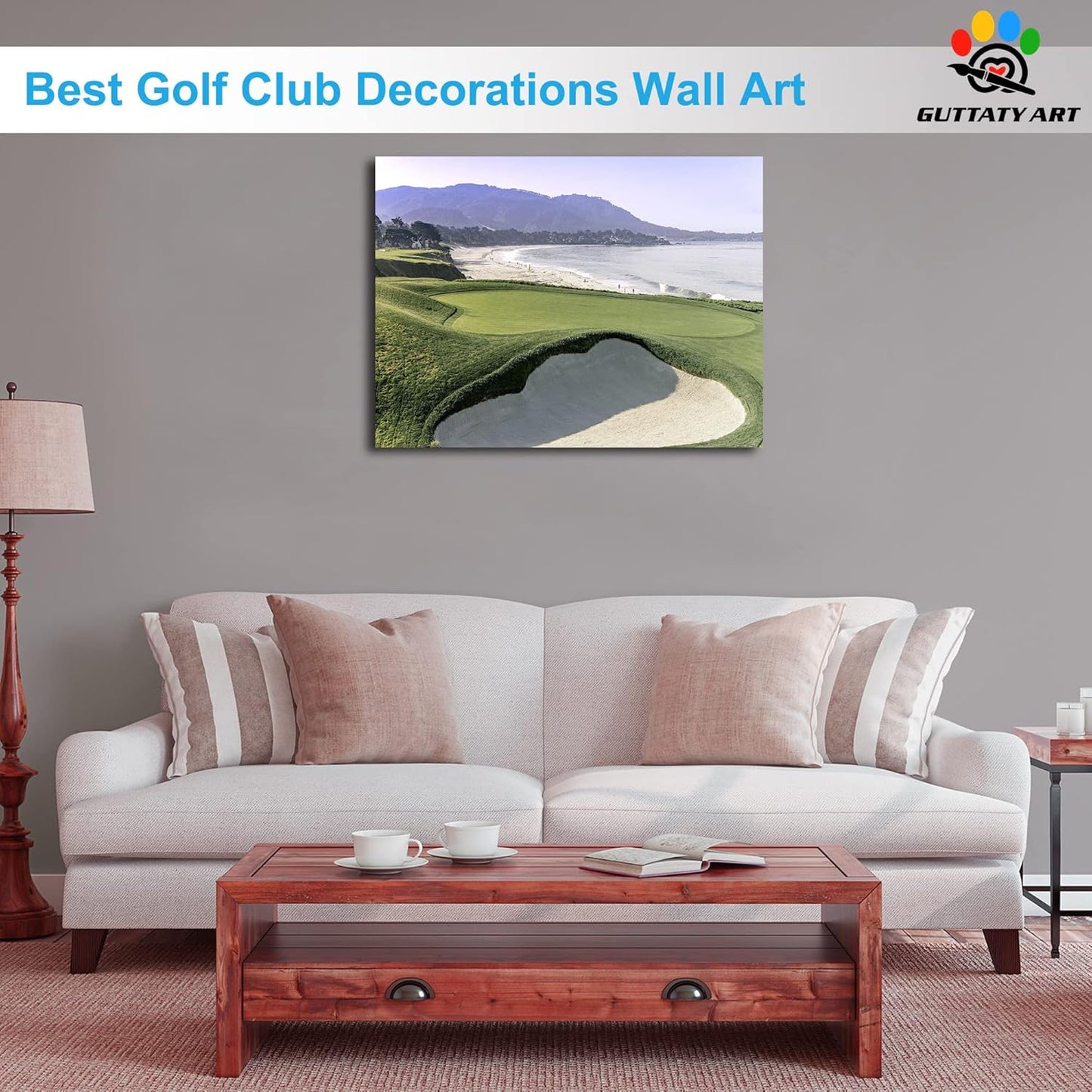 Beach Golf Wall Art, Pebble Beach Golf Links Spiritual Picture for Living Room Wall Decor, Outdoor Sports Golf Painting Prints Bedroom Kitchen Decor, Framed Artwork for Office Home 18x24 Inches
