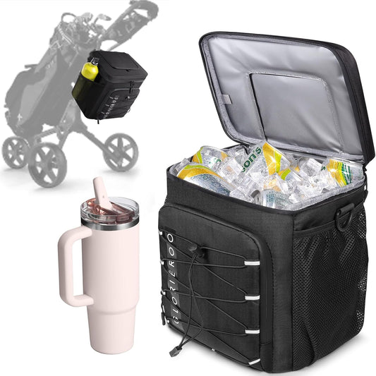 Golf Cart Cooler Bag Insulated - 12-Can Leakproof Soft Cooler Bag with Hook-and-Loop Lid, Waterproof Zippers, and Multi-Pockets for Accessories; Fits on Golf Push Cart