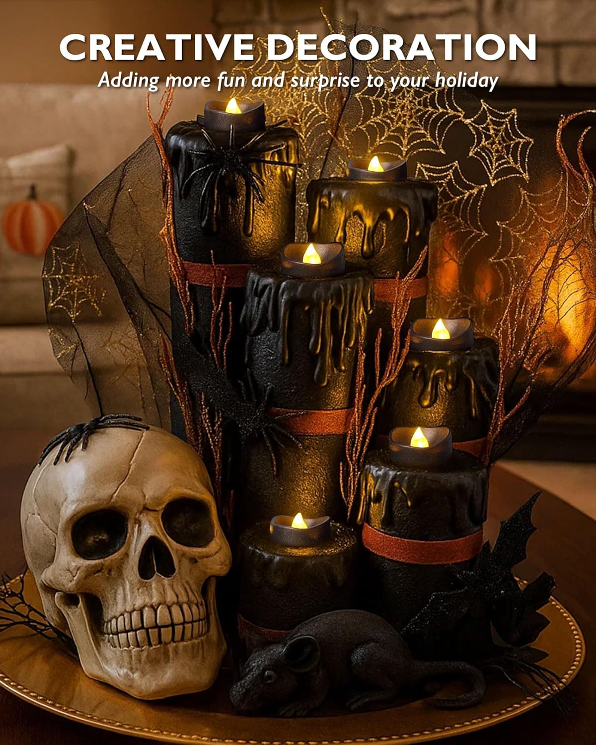 Homemory Black Tea Lights Candles Battery Operated, 200+Hour Flameless Flickering Fake Electric LED Colored Tealights Candles for Halloween, Theme Party, Wedding Table Decor, Holiday Decor, 12-Pack