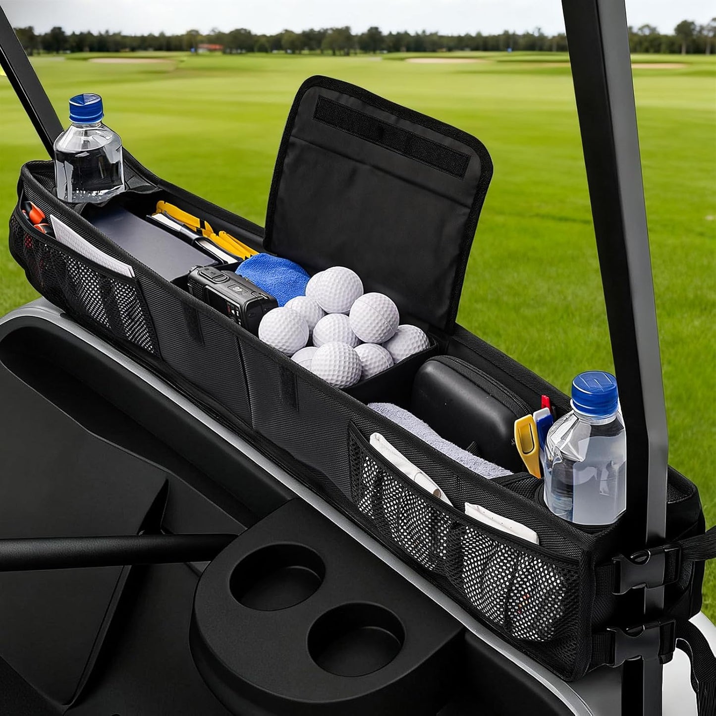 Golf Cart Storage Basket, No-Drilling Golf Cart Front Basket with Cooling Compartment & Adjustable Anti-Slip Buckle Strap, Fits Club Car, EZGO, Drive, Kandi Electric and ICON