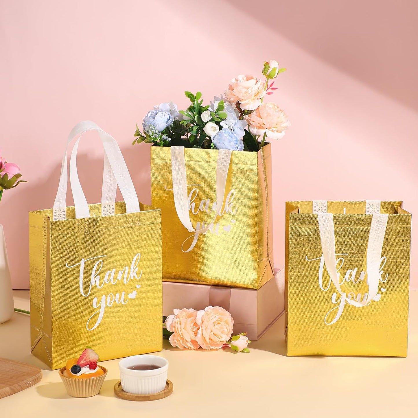 Sweetude 30 Pcs Thank You Gift Bags with Handles Bulk Reusable Goodie Bag Non Woven Foldable Handbag for Graduation Wedding Bridesmaid Gifts (10 x 8 x 4 Inch,Gold)