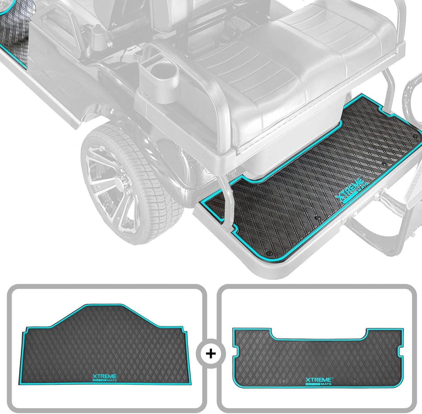 Evolution D5 Golf Cart Floor Mat Set- Rubber Double Diamond Design - Fits D5 2+2 (2 Forward + 2 Rear Facing) Including Evolution Maverick and Ranger Trims (Sky Blue Trim, D5 2+2 Front & Rear Facing)
