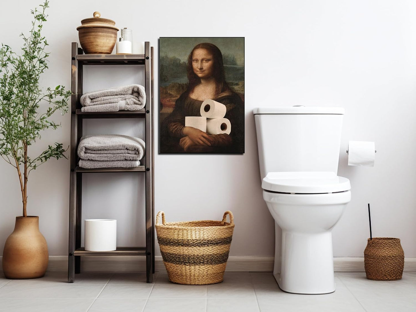 Funny Bathroom Wall Art Classical Oil Painting Mona Lisa and Toilet Paper Poster Amusing Prank Canvas Prints Vintage Humor Wall Decor for Restroom 24x36in Framed