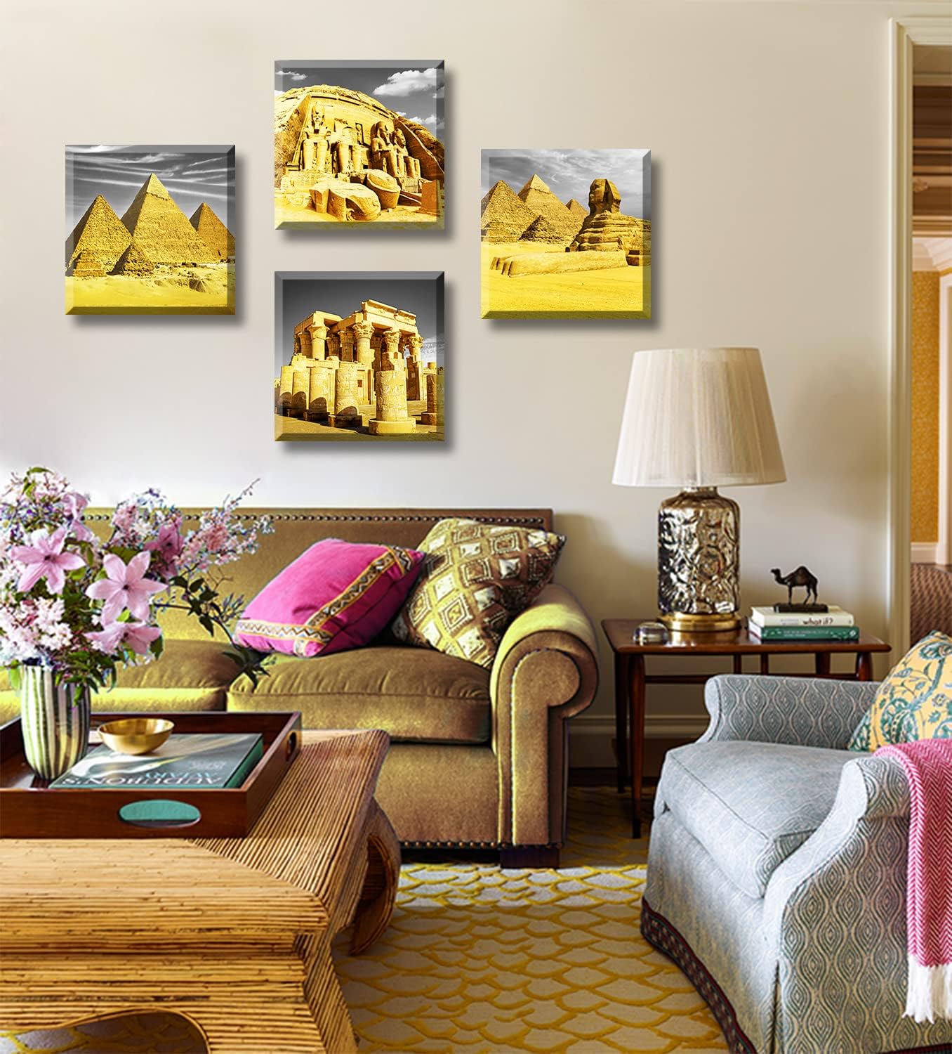 DJSYLIFE Bedroom Decor Gold Wall Art Egyptian Pyramids Canvas Print Picture Gray White Posters Modern Artwork for for Living Room Bathroom Office Home Decoration Framed Ready to Hang 12"X12"X4