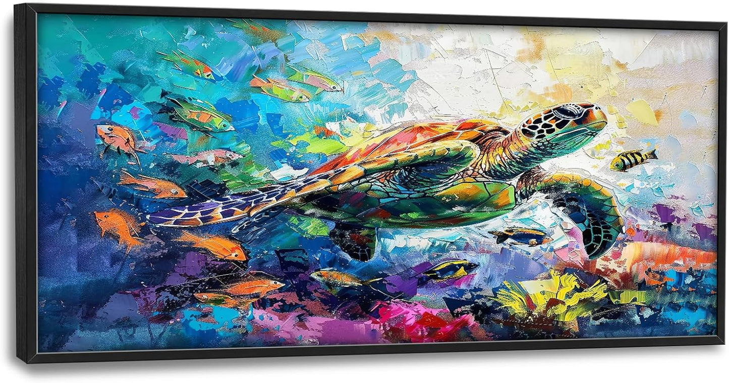 Large Sea turtle Framed Wall Art for Living Room Ocean Sea Turtle Pictures Canvas Coastal Beach Print Painting Artwork Nautical Home Decorations for Bathroom Bedroom Office 60x30 inch