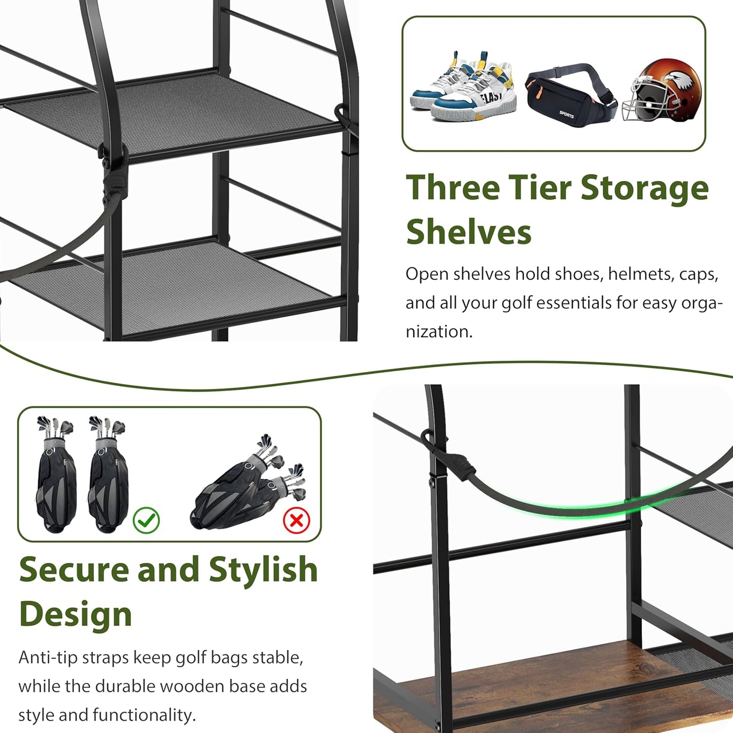 Golf Bag Storage Organizer for Garage Organization, Golf Bag Stand for Golf Bag Accessories, Spacious Golf Rack for Golf Clubs & Golf Essentials, Ideal Golf Gifts for Men (Fits 2 Golf Bags)