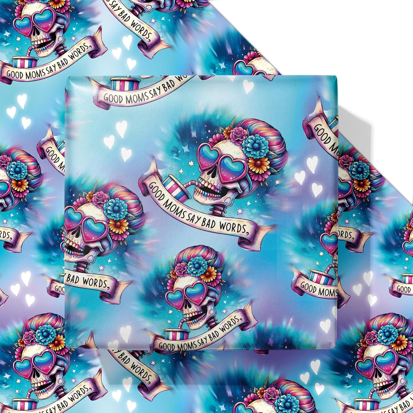 Vnaaem Halloween Wrapping Paper for Mom Women - 6 Pcs Blue & Purple Gothic Skull Skeleton Design Funny Gift Wrap for Halloween Wedding Birtday Christmas Nightmare Holidays - 19.6 X27.8Inch