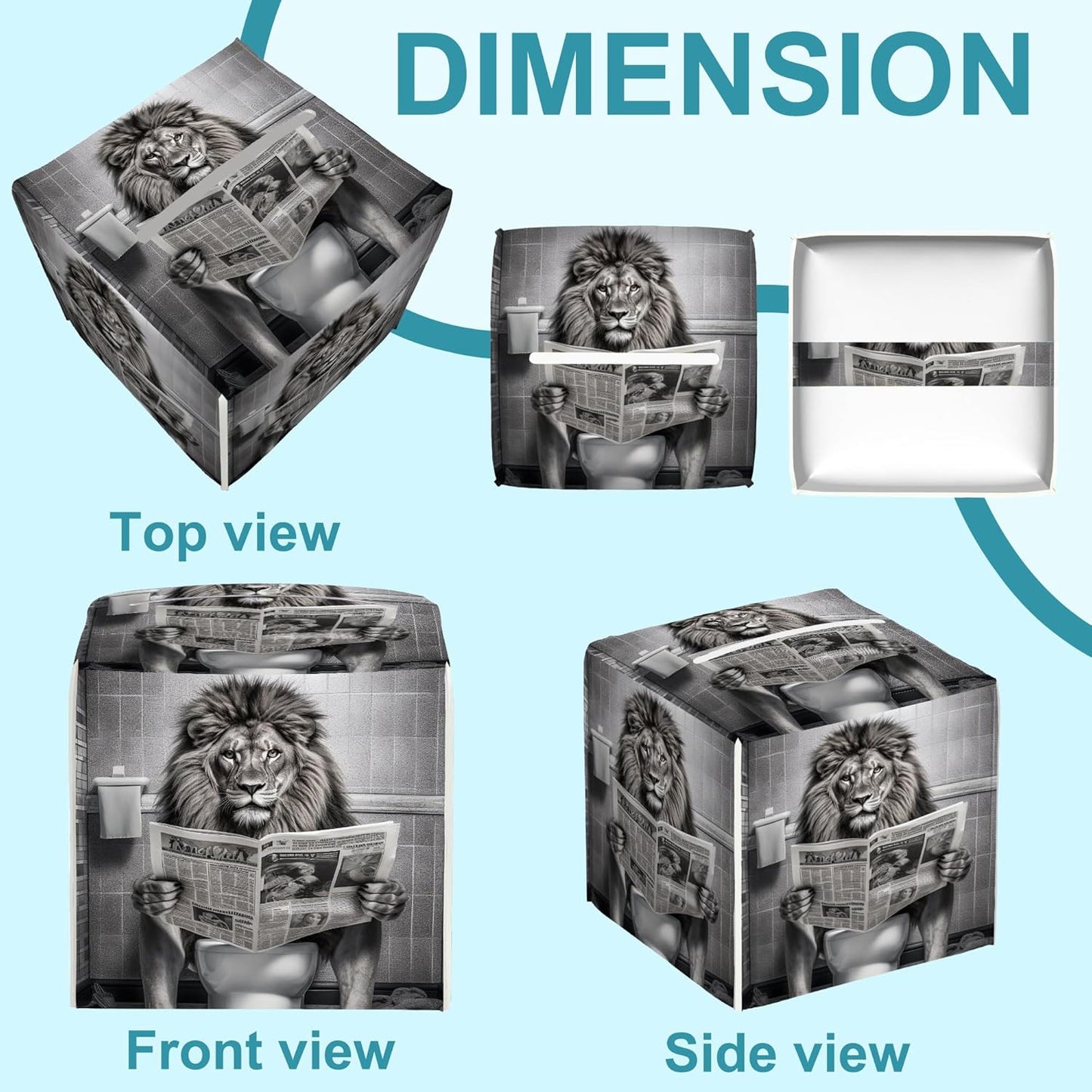 Lion Sit on Toilet Tissue Box Cover,Tissue Box Holder Square with Bottom Belt,Waterproof Leather Organizer Portable Decorative Facial Paper for Bedroom Dresser Night Stand Office,5.2" x 5.2" x 5.2"