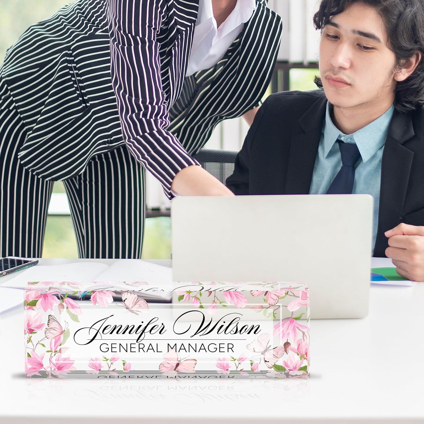 Personalized Acrylic Desk Name Plate - Custom Employee Appreciation Gifts - Office Gifts for Women, Men, Boss, Coworkers, Teacher, Nurse (Pink Flower Butterfly)