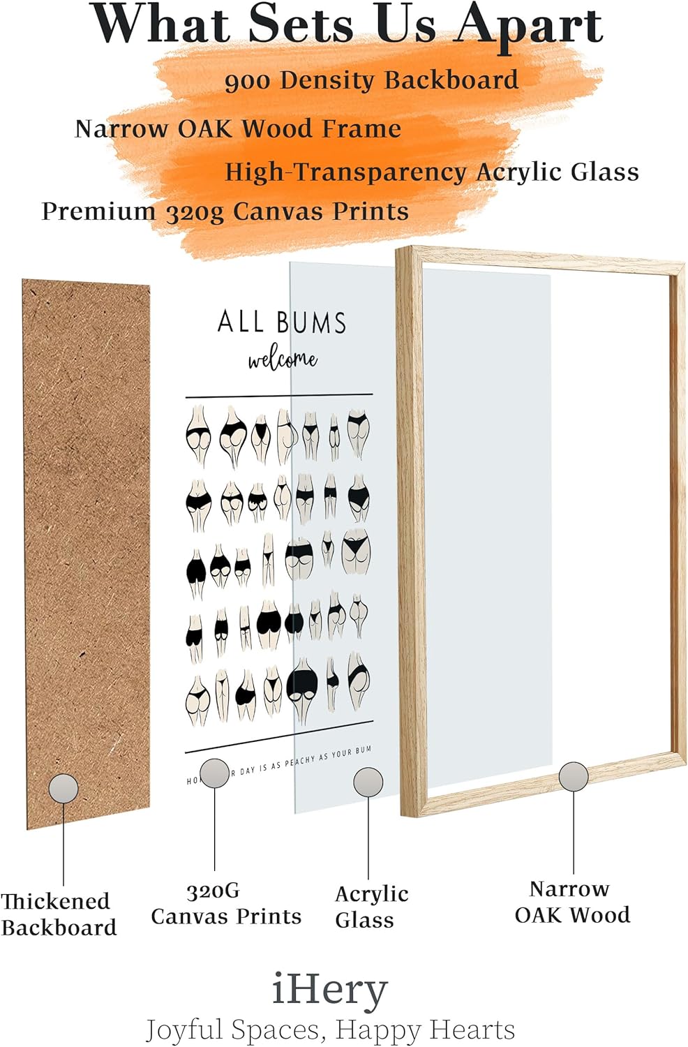 iHery Natural OAK Walnut Color Wood Nice Bum Framed Wall Art, 12x16in All Bums Are Welcome Nice Butt Bathroom Wall Art, Canvas Funny Bathroom Sign Wall Decor For Toilet Set of 1 Gift