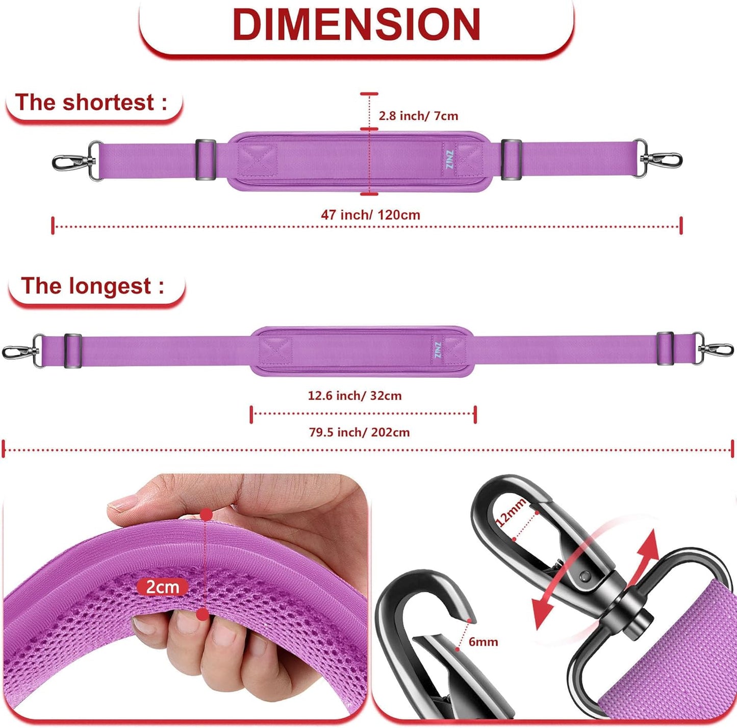 ZINZ 79.5" Universal Strap with Ultra-Thick Fixed Breathable Pad - Adjustable Heavy-Duty Shoulder Strap for Laptop, Crossbody, Luggage, Gym, Camera Bag and More - L01P01