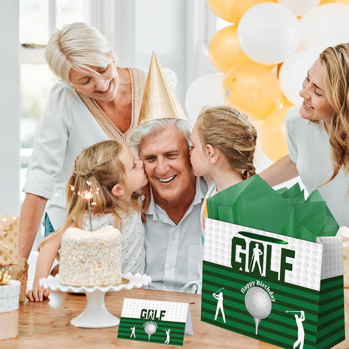 Sumerk 13" Golf Birthday Gift Bag with Tissue Papers and Greeting Card, Envelope and Stickers - Golf Theme Birthday Gifts Wrapping Bag for Men and Women