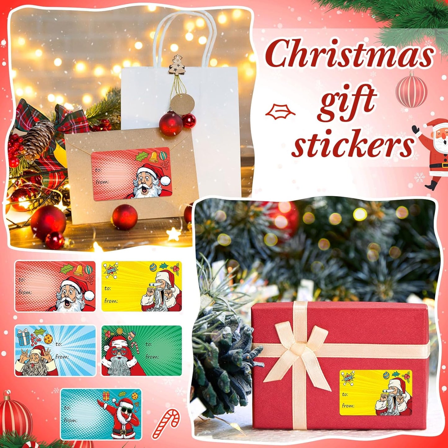 Outus 500 Pieces Christmas Tags Self Adhesive Gift Tags for Xmas Presents Christmas Name Labels Stickers for Wrapping Paper Festival Birthday Holiday Decor(Funny Style,2.76 x 1.57 Inch)