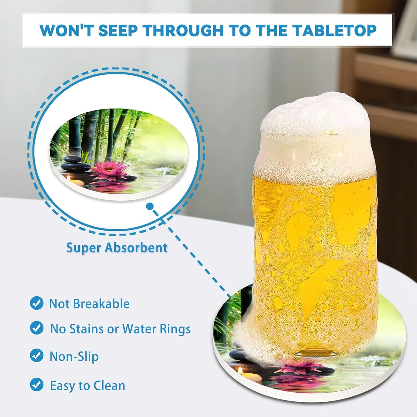 Zen Bamboo Round 4" Cup Coasters Set of 4, Absorbent Ceramic Stone Coasters with Cork Base, Ideal Home Decor Gifts