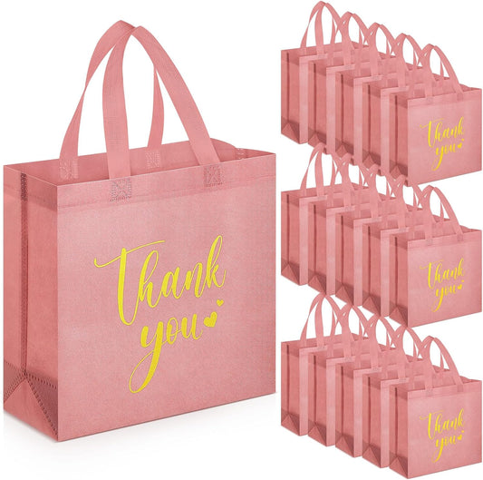 Sweetude 30 Pcs Thank You Gift Bags with Handles Bulk Reusable Goodie Bag Non Woven Foldable Handbag for Graduation Wedding Bridesmaid Gifts(11 x 12 x 5 Inch,Leather Pink)