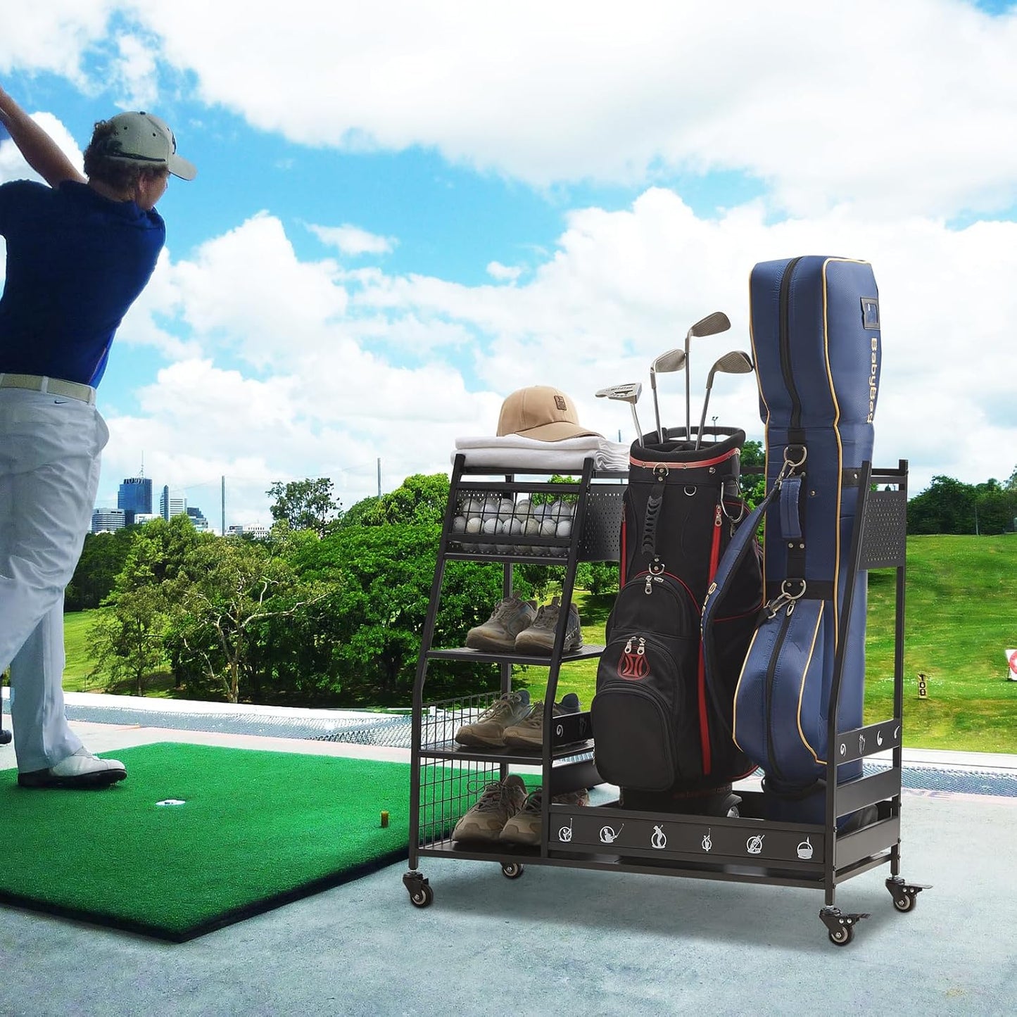 Lauren&Harold Golf Bag Organizer Garage Storage, Golf Storage Rack Stand Fits 2 Golf Bags, Golf Clubs and Other Golfing Equipment Accessories, Golf Organizer for Garage, Club, Shed, Basement