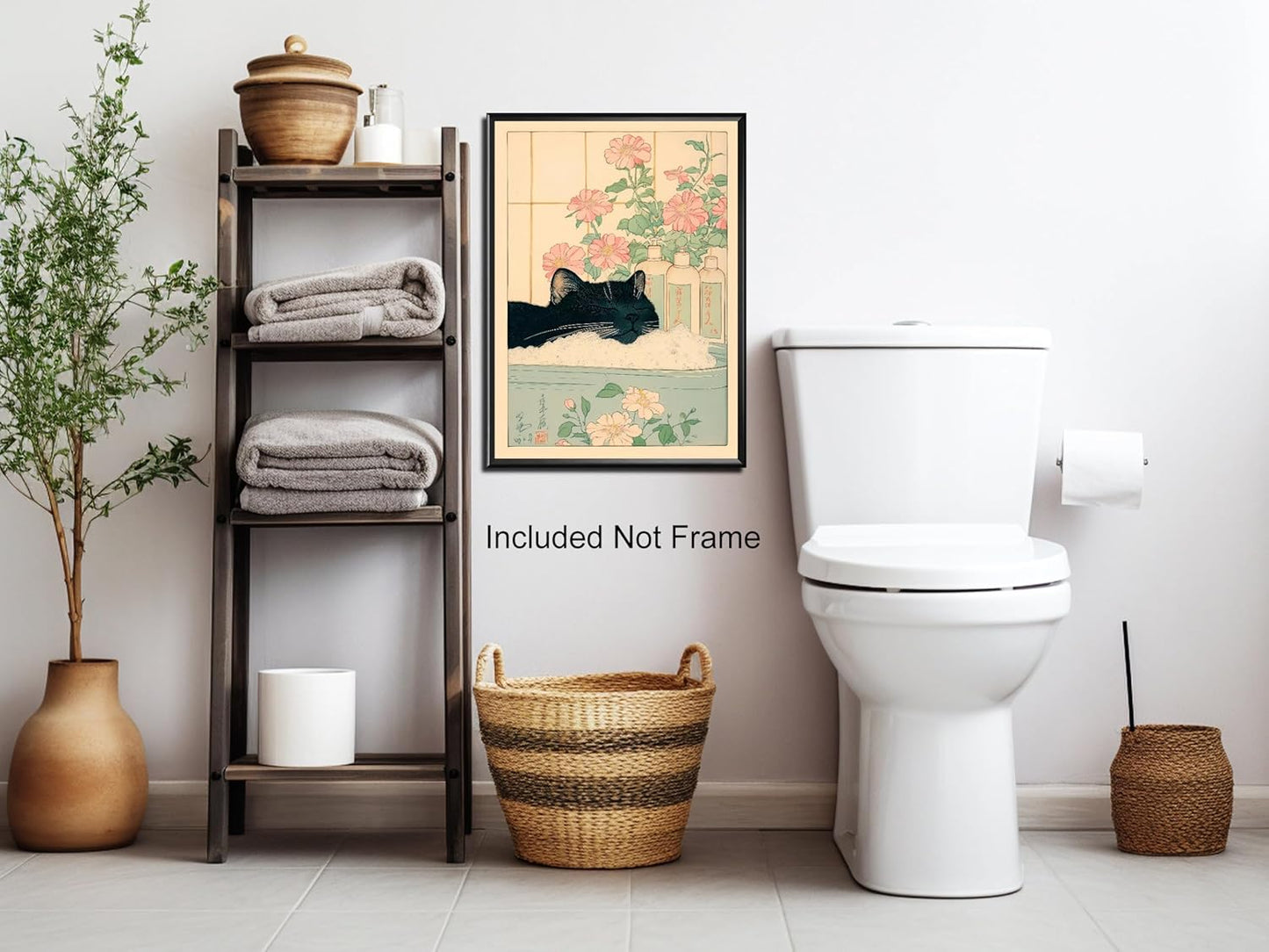 Vintage Black Cat in The Bathtub Posters Funny Bathroom Wall Art Cute Animal Lover Canvas Prints Japanese Aesthetic Neutral Minimalist Wall Decor for Restroom Toilet 16x24in Unframed