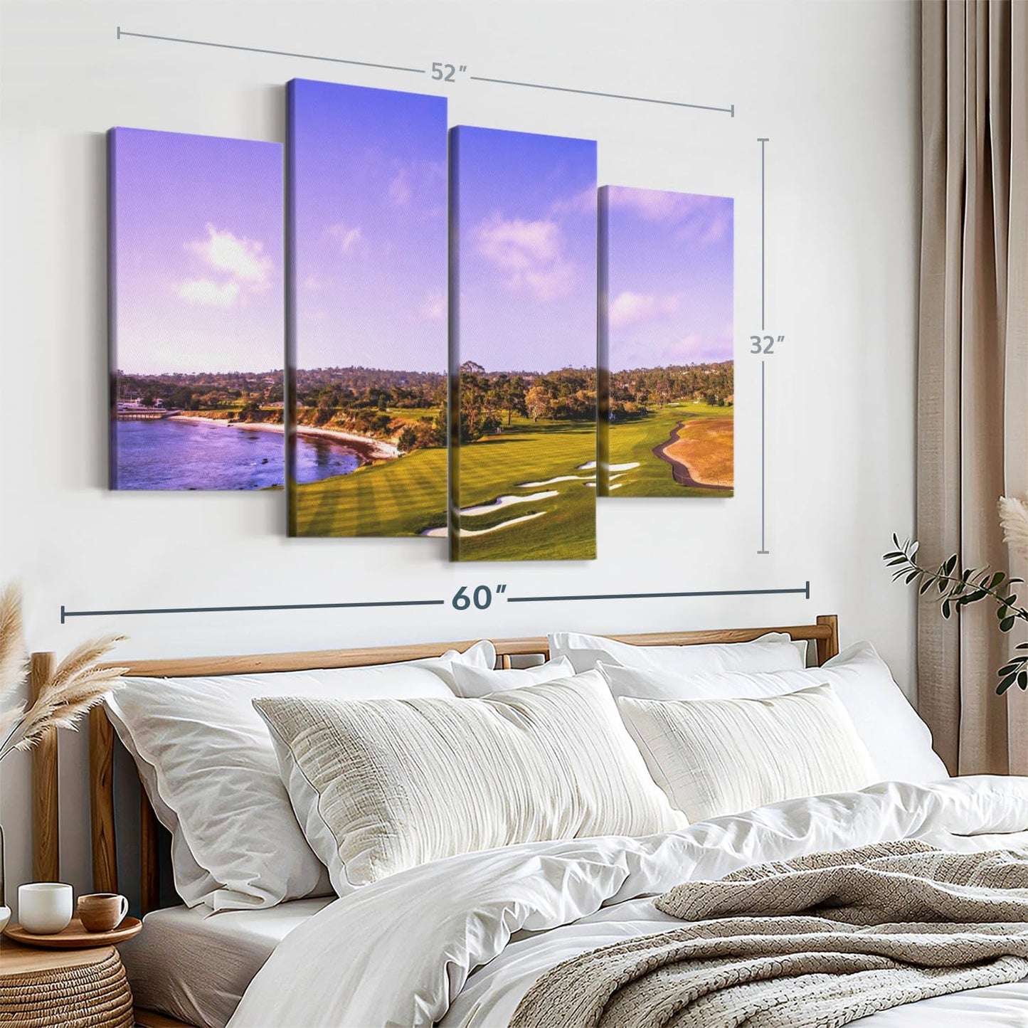 Elephant Stock Coastline Green Golf Course Wall Art - Horizontal Canvas - 4-Piece Living Room Wall Decor - Photography Sports Canvas Print - Blue and Gray Decor for Wall - 52" X 32"