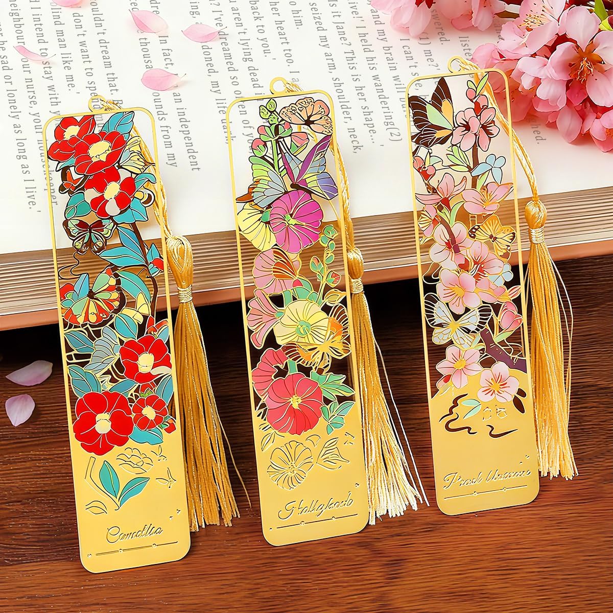 3pcs Metal Flower Bookmarks with Tassel for Reading Women, Pretty Cute Book Markers for Women, Kids, Book Lovers, Reading Accessories Gifts for Book Lovers (Style 2)
