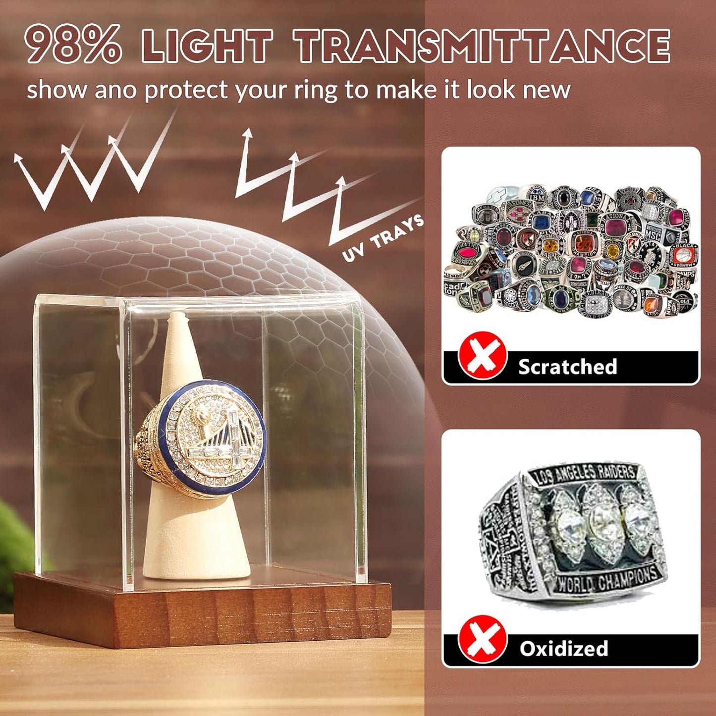 JupDec Championship Ring Display Case 2 Pack, Clear Acrylic Single Ring Holder with Wood Stand Base for Sports Basketball Baseball Fan Souvenirs Military, UV Protection