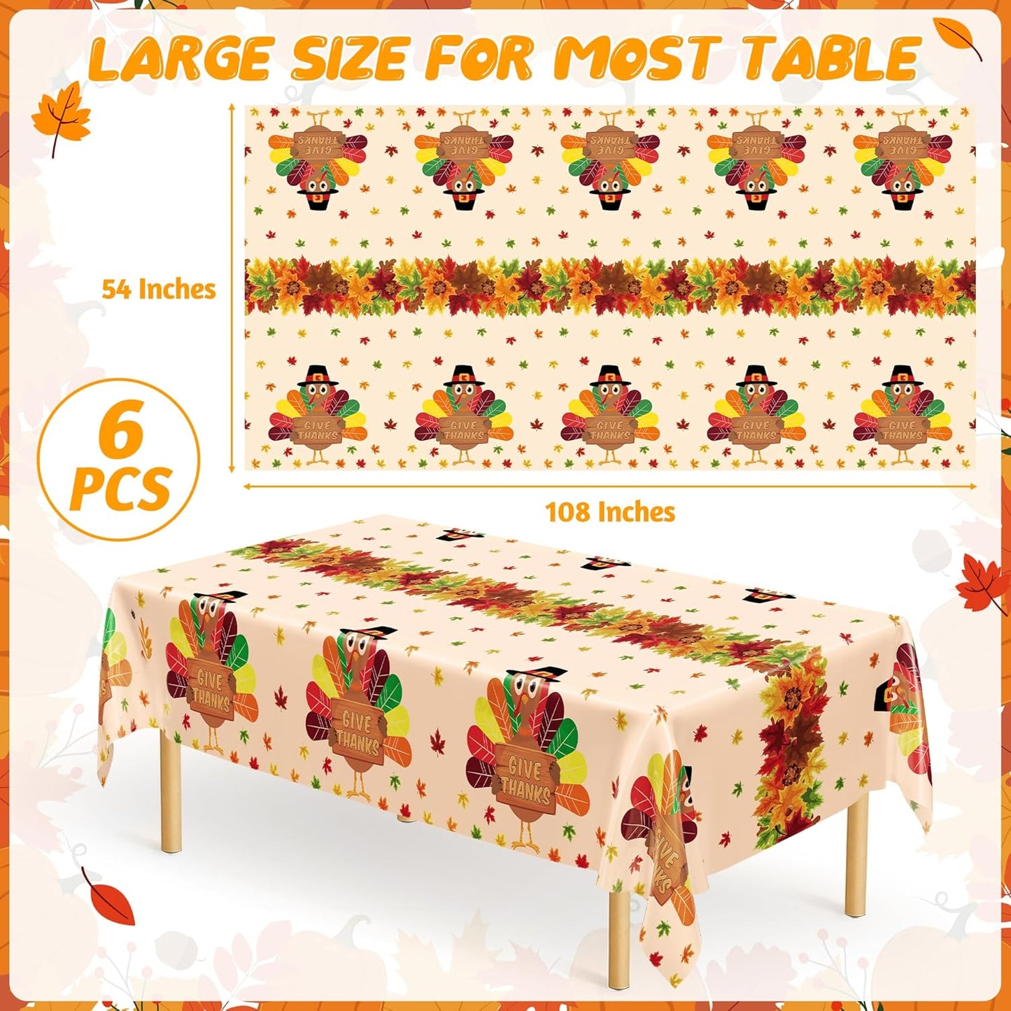 6 PACK Thanksgiving Disposable Tablecloths, 54" x 108" Fall Plastic Tablecloth, Maple Leaves Turkey Table Cloth Rectangle Tablecover, Thanksgiving Table Decorations Harvest Decor Fall Party Supplies