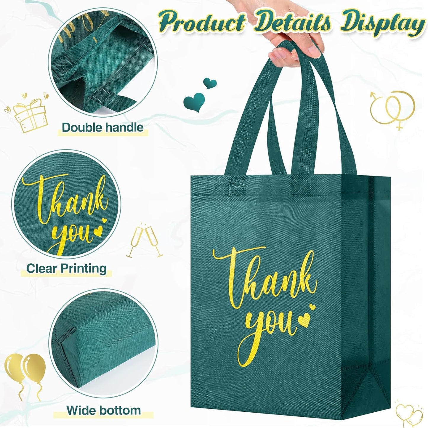 Sweetude 30 Pcs Thank You Gift Bags with Handles Bulk Reusable Goodie Bag Non Woven Foldable Handbag for Graduation Wedding Bridesmaid Gifts(10 x 8 x 4 Inch,Dark Green)