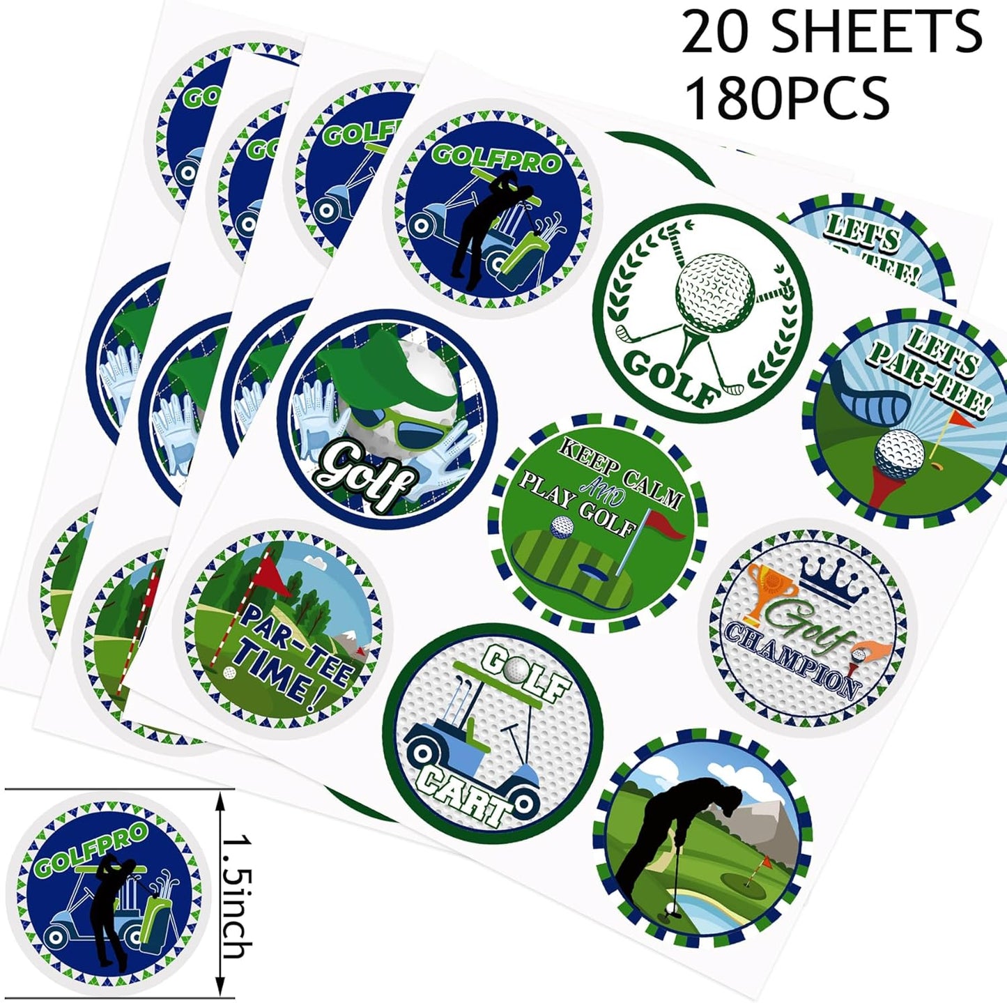 20 Sheets Sports Party Round Sticker Labels Decoration, Par Tee Golf Decals Party Supplies Favors, Round Golf Envelope Seals Paster for Party Decorations (1.5 Inches)