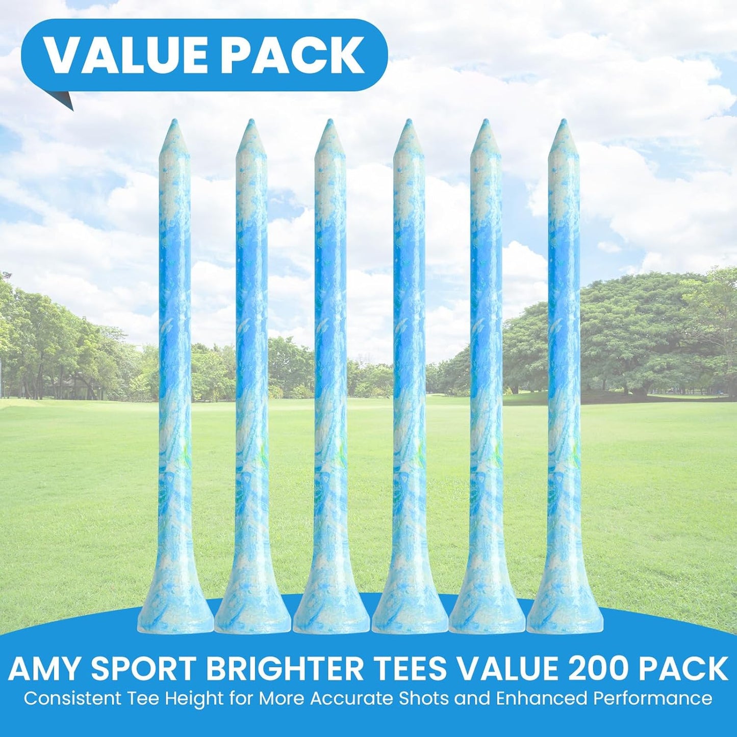 Amy Sport Golf Tees Styllish Bamboo Wooden Coloured Painted Bulk 200 Pack 1 1/2 3 1/4 2 3/4 Inch Tee, Enhanced Visibility Color Purple Pink Green Blue, Practice for Men Women