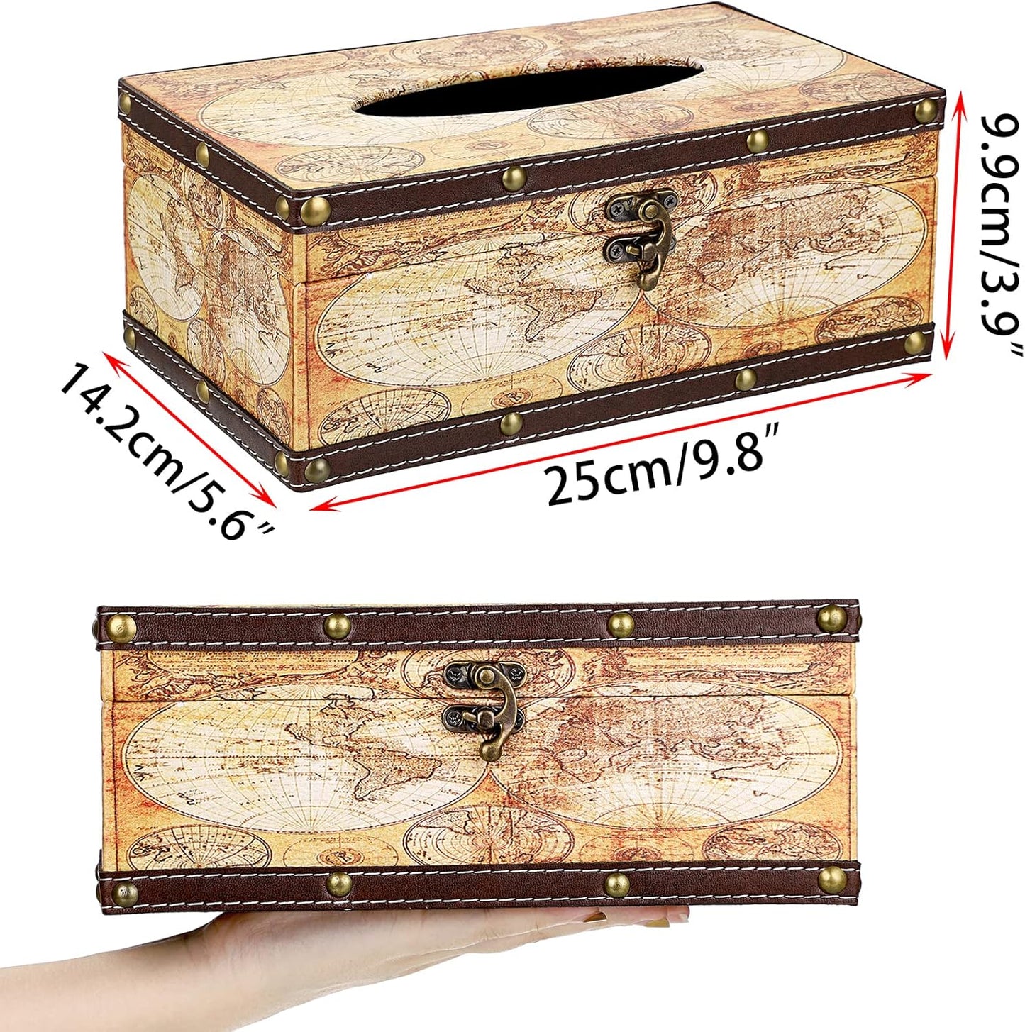 Sumnacon Tissue Box Cover Rectangle Wooden Tissue Box with Lid, Vintage Tissue Box Holder with Retro Pattern, Rustic Tissue Cover for Bathroom Toilet Living Room Table Desk Office Decor, Yellow Map