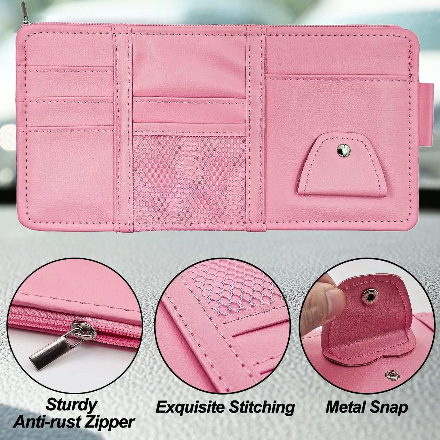 Keedolla Car Sun Visor Organizer, Truck Visor Organizer Car Sun Storage Pocket Pouch Case Bag for Sunglasses, Cards, Pens and Document - Pink