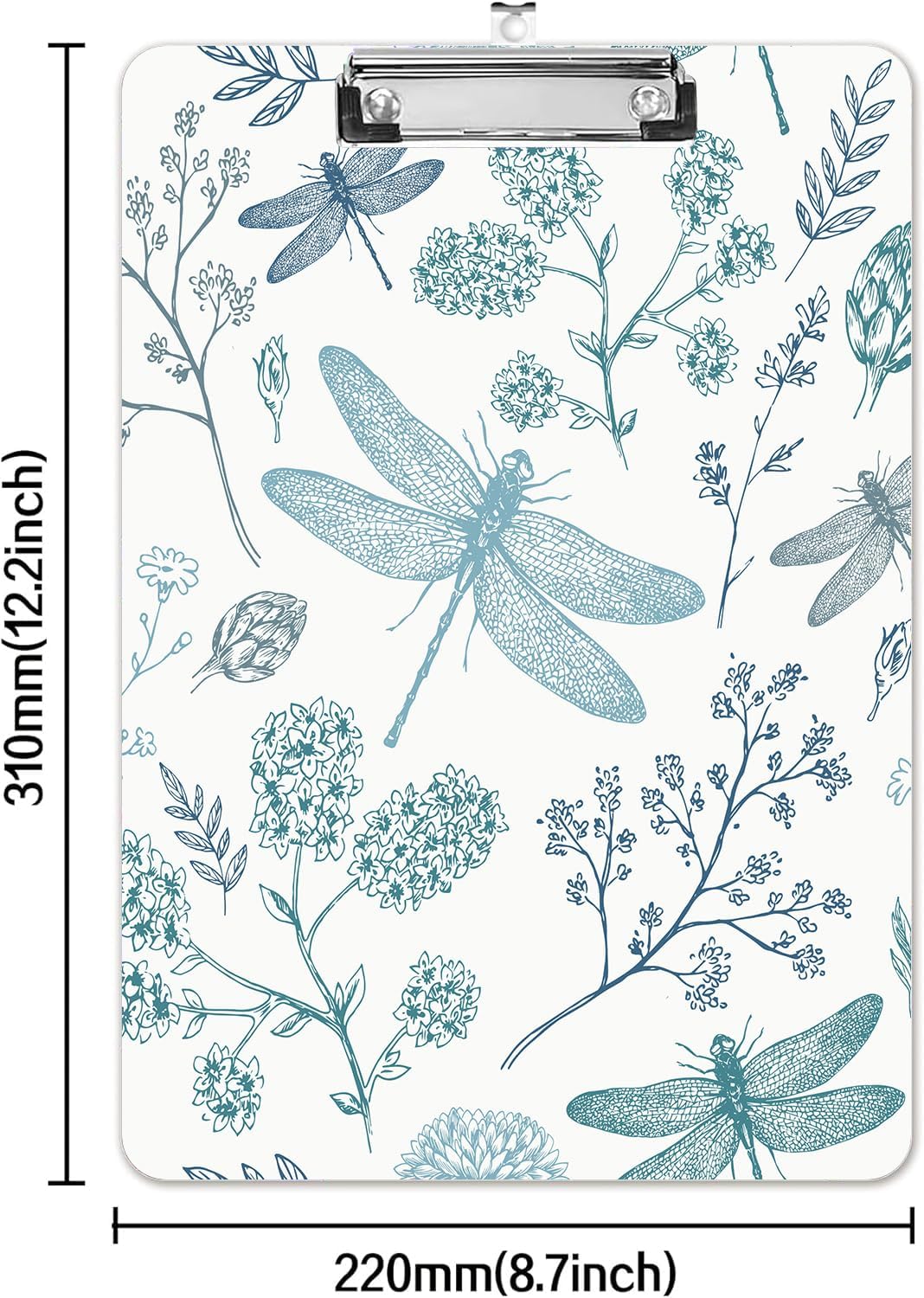 Fashion A4 Clipboard, Standard Letter Size 9" x 12.5", Decorative Wooden Clipboard with Low Profile Metal Clip for Office, School, Teachers, and Students, Dragonfly Flower
