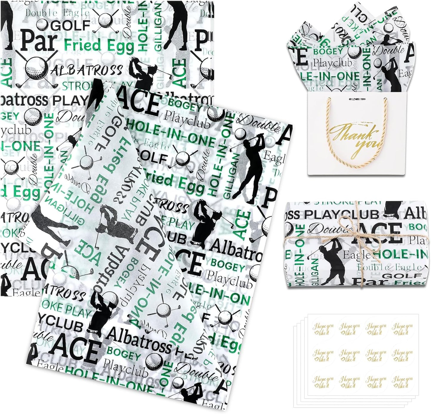 100 Sheets Golf Theme Tissue Paper with Stickers,19.3 x14 Inch Green, White and Black Gift Wrapping Paper for Birthday, Father’s Day, Retirement Party, Sports Events, and Golf Lover Gifts