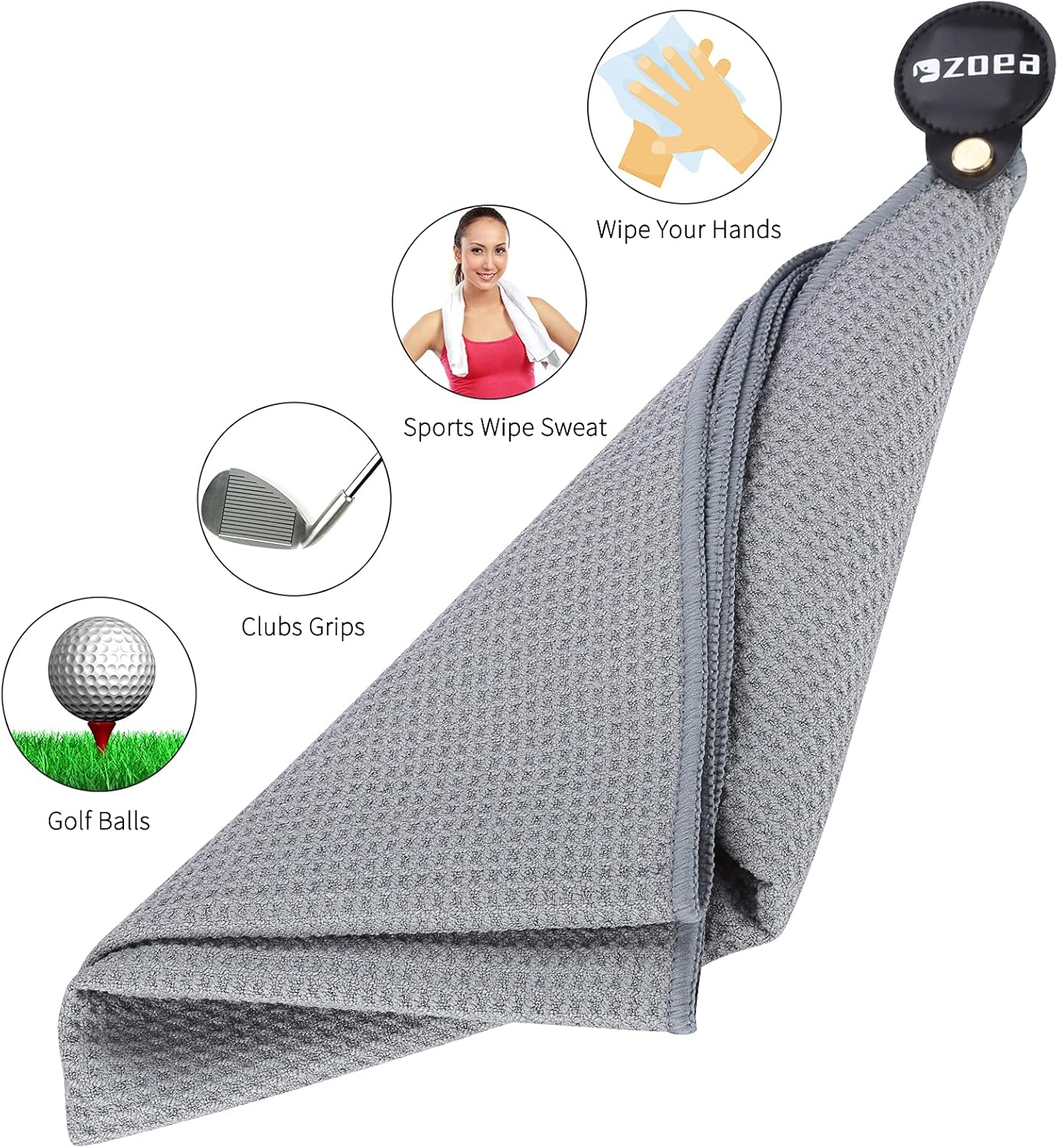 ZOEA Magnetic Towel, Magnetic Clip for Golf Towel, Microfiber Fabric Waffle Pattern Towels Industrial Strength Magnet for Strong Hold to Golf Carts or Clubs (2, Grey)